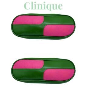 2x Clinique VINTAGE Makeup Cosmetic Retro Travel Case Bag - Green & Pink